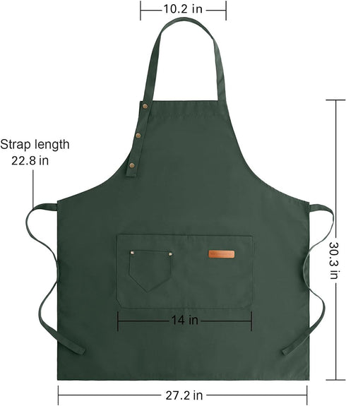 Waterproof Green Canvas Cotton Cooking Kitchen Chef Bib Aprons, Adjustable Straps, Large Pockets for Men Women