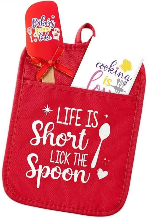 Baking Gift Pot Holder Set - R HORSE 3Pcs Red Pot Holder with Silicone Spatula, Heat Resistant Oven Mitts.