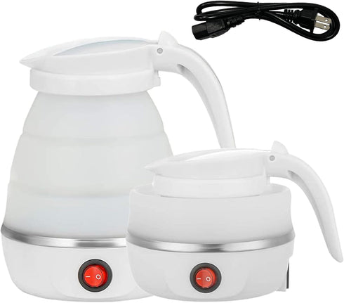 Foldable Electric Travel Kettle - Portable Silicone Collapsible Water Boiler and Tea Pot for Camping, White
