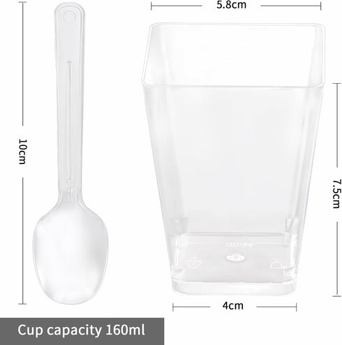 Uxaoxao 50 Pack 5oz Dessert Cups with Spoons, Plastic Yogurt Parfait Cups, Mini Square Dessert Cups with Spoons
