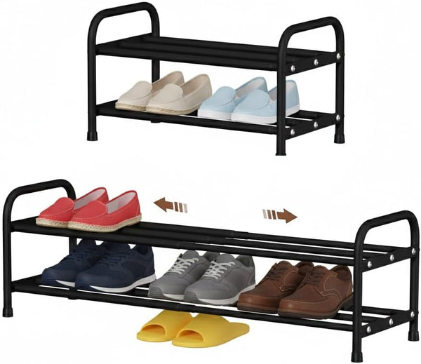 2-Tier Expandable Shoe Rack, 17.3"-31.5" Adjustable Length Metal Shoe Organizer, 9.4" Slim