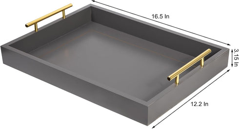16"x12" Decorative Coffee Table Ottoman Trays Modern Wood Elegant Rectangle Glossy Shagreen Serving Trays with Gold