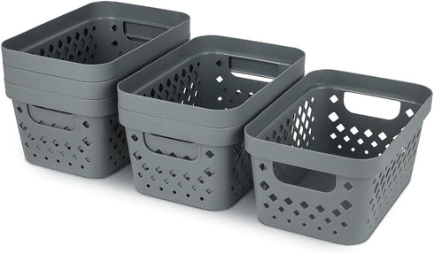 Glad Plastic Baskets for Organizing, Set of 6 Nesting Shelf Bins with Handles, 1 Gallon, Grey
