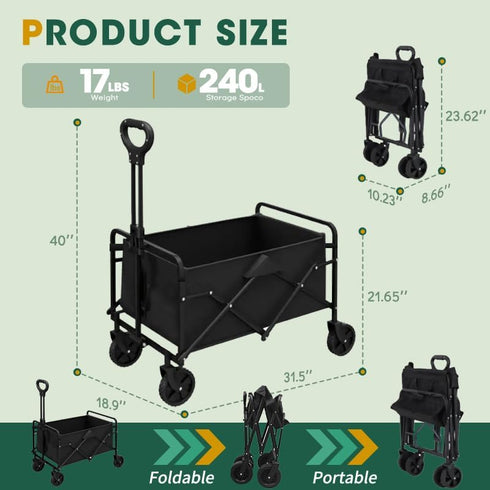 370lbs Collapsible Wagon with Wheels, Weight Capacity Foldable Beach Wagon with Flexible Handle Portable Utility Wagon