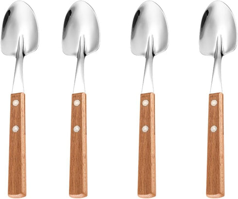 Retro Wooden Handle Spoon, Shovel Shape Stainless Steel Spoons, 4 Pcs Ice Cream Fruit Spoons
