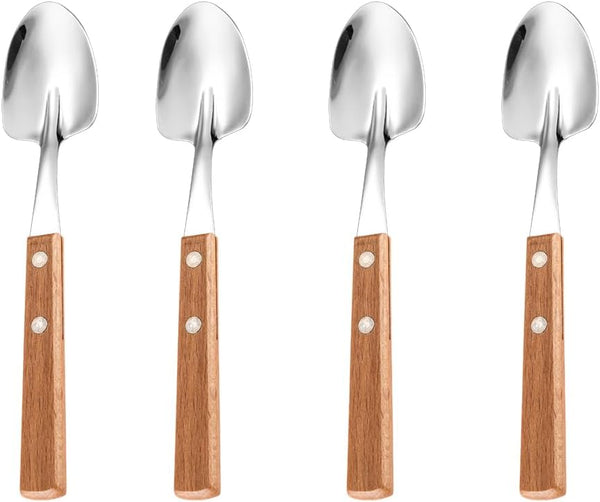 Retro Wooden Handle Spoon, Shovel Shape Stainless Steel Spoons, 4 Pcs Ice Cream Fruit Spoons