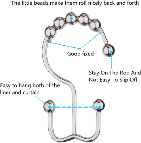 DAWNER Shower Curtain Hooks, Set of 12, Rust Proof Metal Easy Glide Double Rings, Brushed Nickel