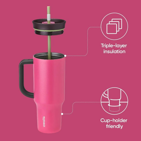 Owala Stainless Steel Triple Layer Insulated Travel Tumbler, 40 oz, Pink (Watermelon Breeze)