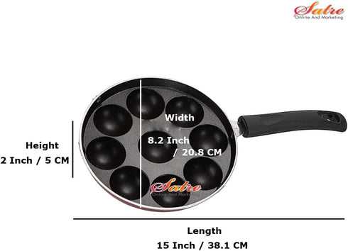 Satre Online and Marketing Aluminium Non-Stick 9 Cavity Appam Patra Paniyaram One Side Handle with Steel lid- Black by Satre Online and Marketing