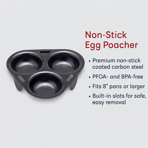 HIC Kitchen Non-Stick 3-Egg Poacher Insert, PFOA and BPA Free, Fits 8-Inch and Larger Pans