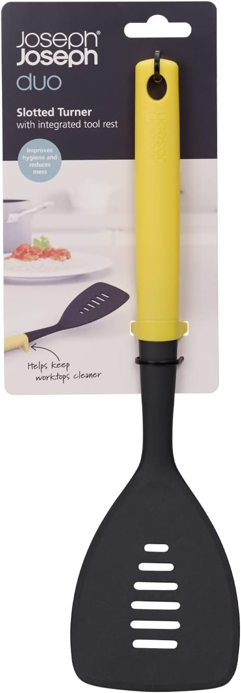 Joseph Joseph Duo Slotted Turner with Integrated Tool Rest: Hygienic, Heat-Resistant Nylon Head, Safe for Non-Stick Cookware, Light Yellow by Joseph Joseph