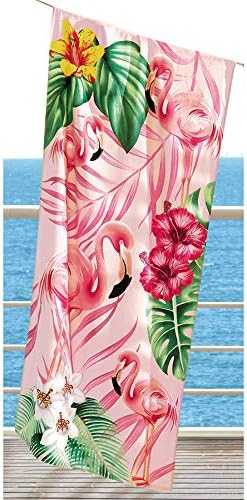 Softerry Flamingo Beach Towel, 30 x 60 inches, 100% Cotton (Flamingos and Hibiscus)