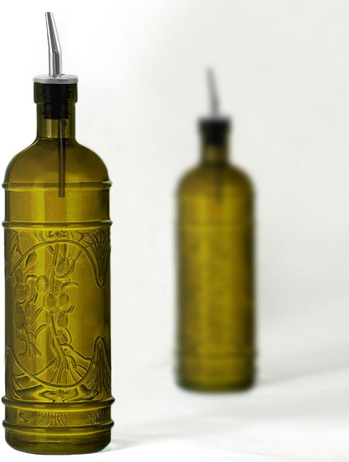 Couronne Company Olive Branch Recycled Glass Oil or Vinegar Bottle, 11 Inch Tall, 16.1 Ounce, Vintage Green