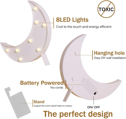 Pooqla Decorative LED Crescent Moon Marquee Sign, Nursery Night Lamp Gift, Ramadan Home Decorations (White)