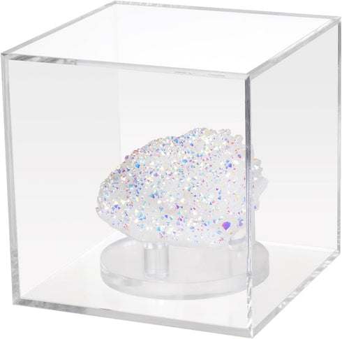 3 Pegs Round Display Easel Stands with Transparent Acrylic Box, Medium Size for Collectible Stone, Rock, Mineral