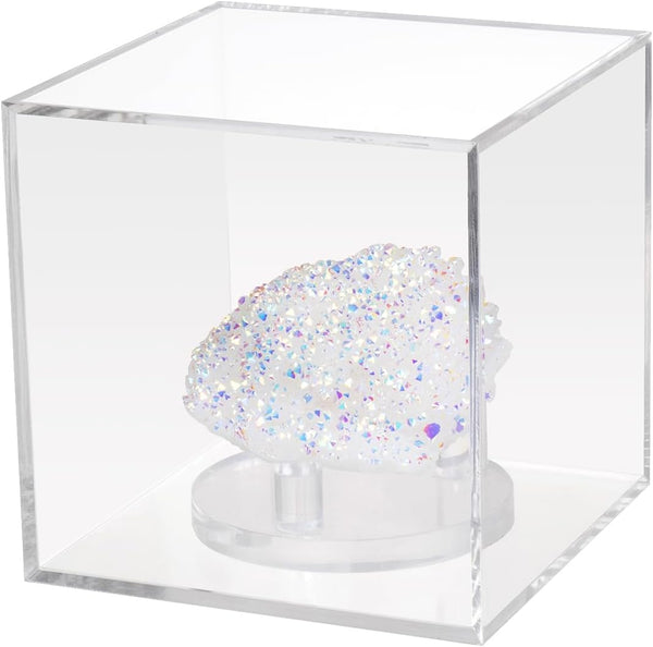 3 Pegs Round Display Easel Stands with Transparent Acrylic Box, Medium Size for Collectible Stone, Rock, Mineral