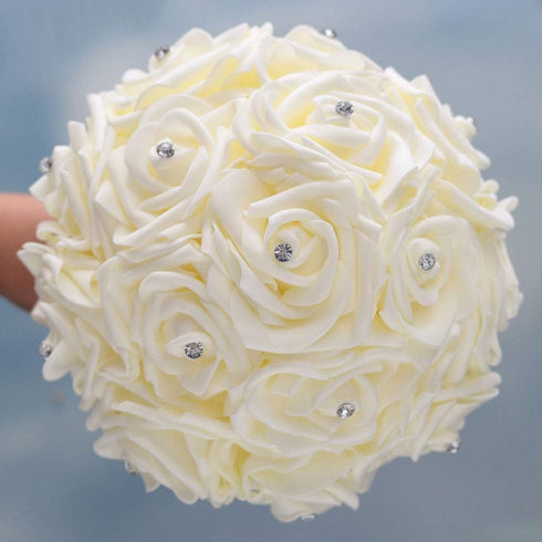 WIFELAI-A Ivory Cream Bouquet with Diamond Soft Ribbons - Artificial PE Rose Bridal Flowers for Wedding, Party, Church