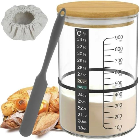 Pro Sourdough Bread Starter Kit - 34 oz Jar with 5 Unique Features for Perfect Sourdough Bread & Starter Kit