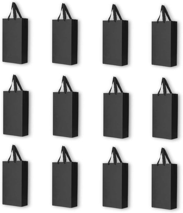12 Pack 2 Bottles Wine Carrier Tote Holders, Black Paper Gift Bags with Handles for Christmas, Weddings