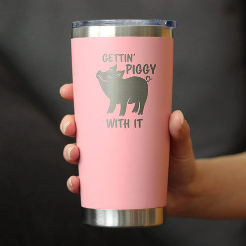 Bevvee Gettin Piggy Insulated Coffee Tumbler Cup, Stainless Steel Mug with Sliding Lid, Pig Themed Coffee Gifts (Pink)