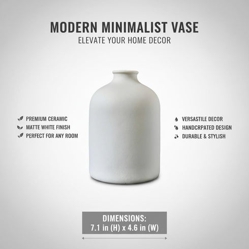 7 Inch White Ceramic Vase - Tall - Large, Minimalist Modern Home Decor, Decorative Object - Centerpiece, Coffee Table