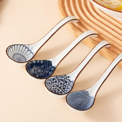 Ceramic Ramen Spoons Set of 4, 6.5 Inch Asian Soup Spoon, Japanese Spoons for Kitchen, Pho, Dumpling
