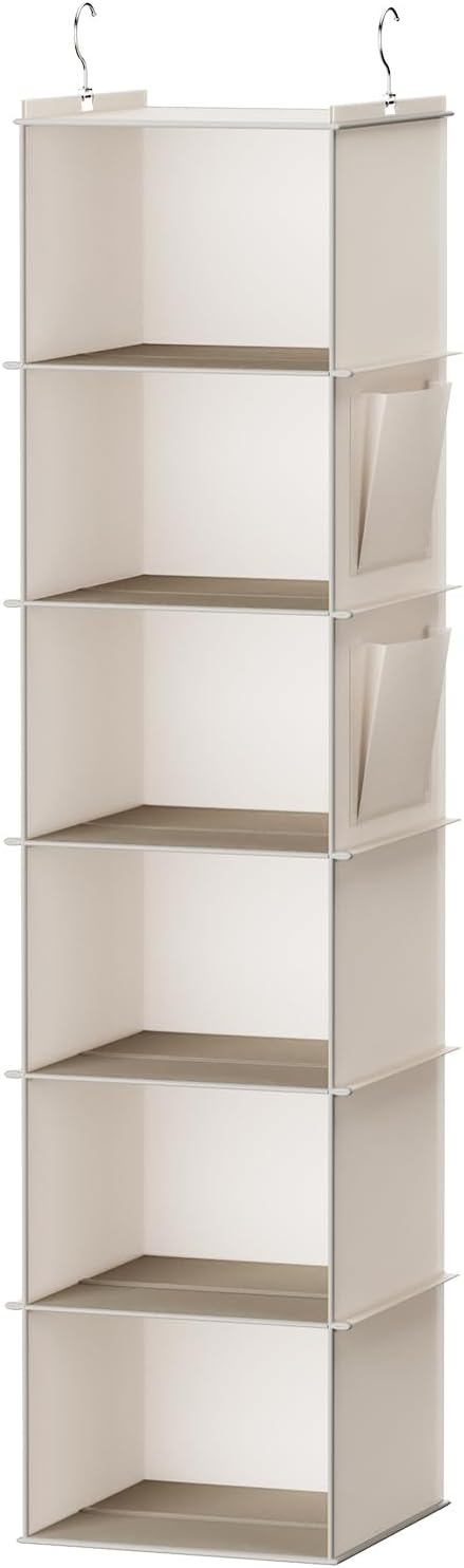 Hanging Closet Organizer, 6-Shelf Storage with Side Pockets, Beige for Closet Organization