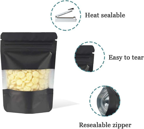 PABCK 100 Pcs Matte Black Resealable Stand Up Bags with Window, 3.9x5.9 inch Heat Seal Bulk Food Storage