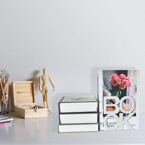 Decorative Metal Book Ends Heavy Duty Supports for Bookrack Desk with Unique Appearance Design (White)