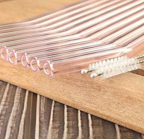 10 Pack Reusable Pink Glass Straws, 8" Shatter-Resistant Bent Drinking Straws with 2 Cleaning Brushes, Dishwasher Safe