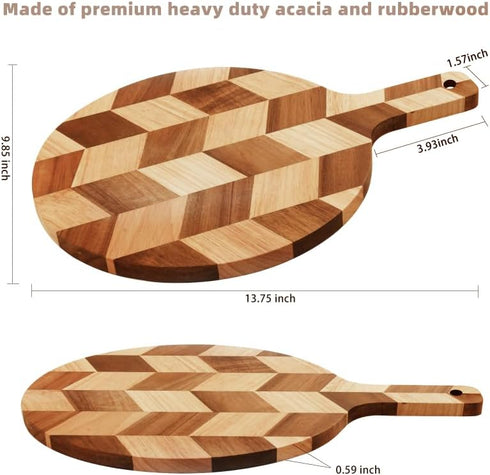 Acacia Wood Round Cutting Board with Handle, 9.85” x 13.75”, for Meat, Cheese, Pizza, Vegetables, Decorative Serving