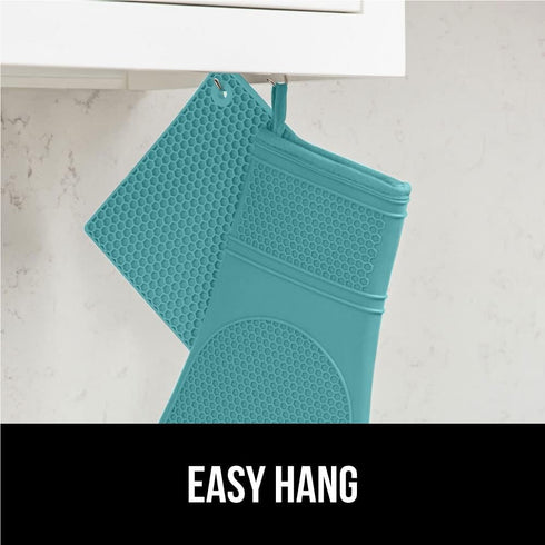 Gorilla Grip 4 Piece Silicone Oven Mitt and Trivets Set, Waterproof, Cotton Lined, BPA-Free, Turquoise