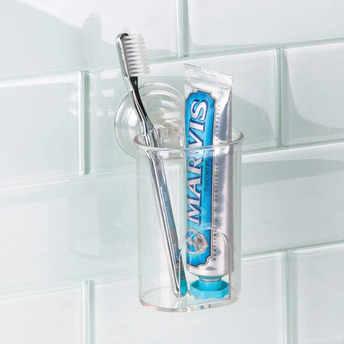 2 Pack mDesign Compact Plastic Suction Storage Center for Bathroom Organization of Toothbrushes, Electric Toothbrushes