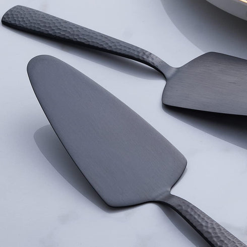 FULLYWARE Matte Black Large Serving Utensil Set, 5-Piece Stainless Steel Hostess Set with Spoon, Fork, and Knife
