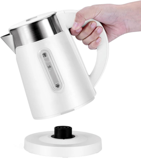 Portable Small Electric Kettle, 0.8L Stainless Steel Travel Hot Water Boiler, 4 Cups for Tea and Coffee, White