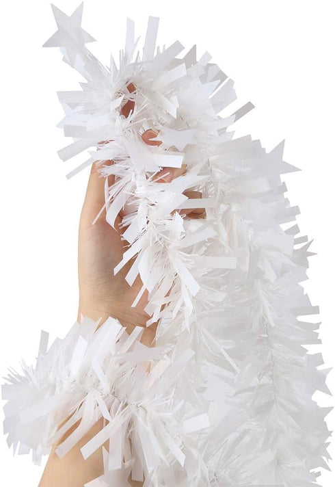 CCINEE 33FT Christmas Tinsel Garland, White Metallic Twist Garland with Star for Tree Wedding Party Decoration