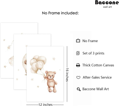Baccone Set 3 12x16 Inch Bear Nursery Wall Art Decor of Teddy Bear Canvas Wall Art Baby Boy Nursery Decor Prints