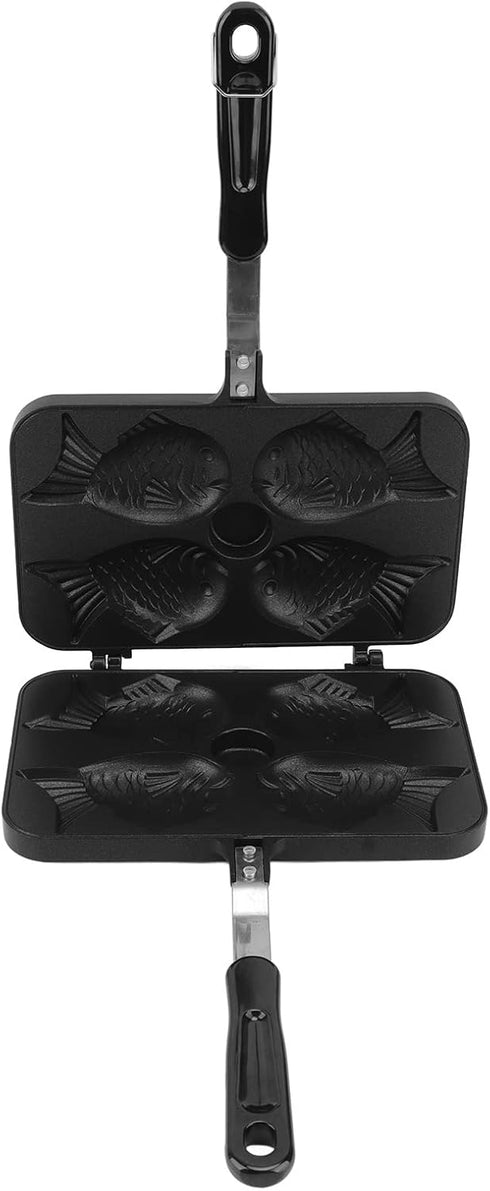 Taiyaki Pan, Non-Stick Double Sided Frypan with 4 Grids, Black Anti-Scalding Handle, Fish Shape Aluminium Waffle Maker