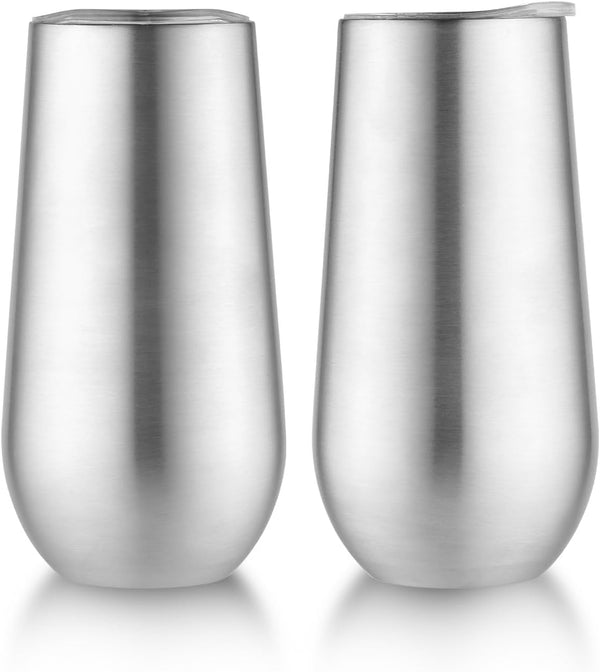 Sivaphe 2Pack Stemless Champagne Flutes Set with Lid, Stainless Steel Insulated Vacuum Tumbler Cocktail Cups - 6 Ounce