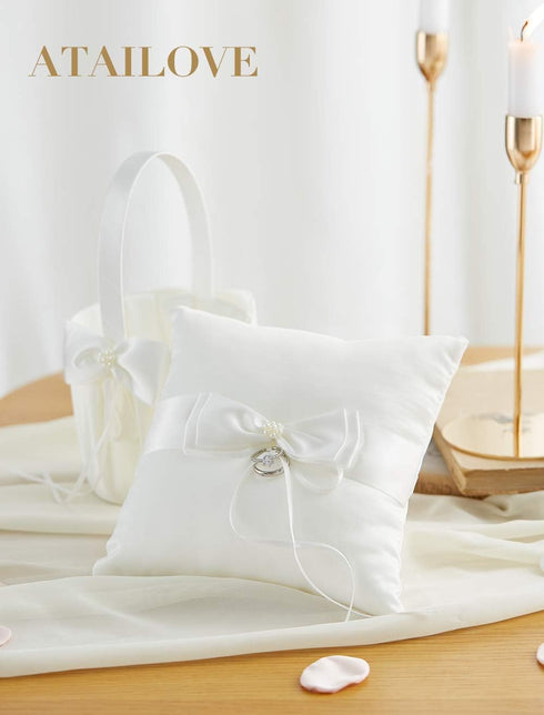 Wedding Flower Girl Basket and Ring Bearer Pillow Set - Simple Bow Pearl Collection, Ivory