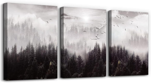 Framed Canvas Wall Art for Living Room, Boho Wall Decor, Foggy Forest Trees Paintings, 3 Pieces Scenery Wall Pictures