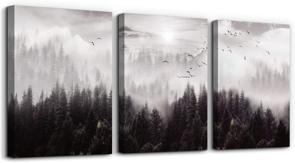 Framed Canvas Wall Art for Living Room, Boho Wall Decor, Foggy Forest Trees Paintings, 3 Pieces Scenery Wall Pictures