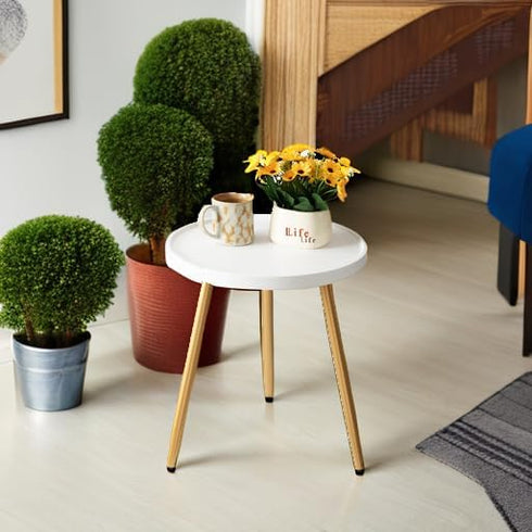 14.96" 14.96" 17.52" danpinera Small Round Side Table, Mini White Table with Wooden Tray & Metal Legged, Gold Side