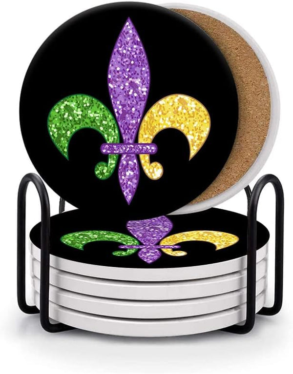 HUXJOKO Coasters for Drinks Set of 6,Fleur De Lis Mardi Gras Absorbent Ceramic