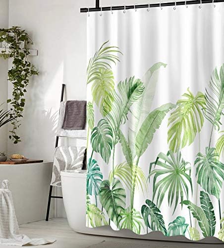 Lifeel Tropical Shower Curtain Set, Heavyweight Leaves Jungle Palm Bathroom Shower Curtain with 12 Hooks, Green White