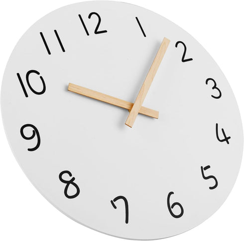 Plumeet 10'' Wooden Wall Clock (White) Small Frameless Clocks with Silent Quartz Movement, Battery Operated