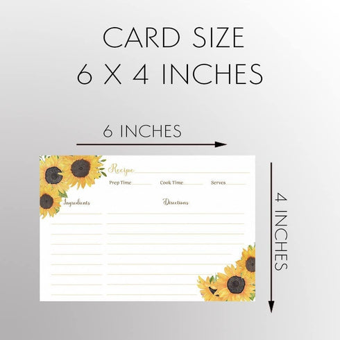 Sunflower Recipe Cards for Bridal Shower, Wedding, Housewarming Gift, 4x6 Double Sided (50 count)