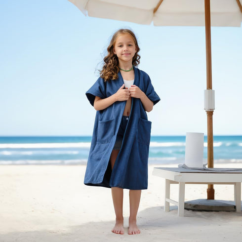 Swimming Hiturbo Kids Bath Towel Hoodie: Absorbent Quick Dry Zipper Surf Poncho - Changing Towels Outerwear (Navy Blue)