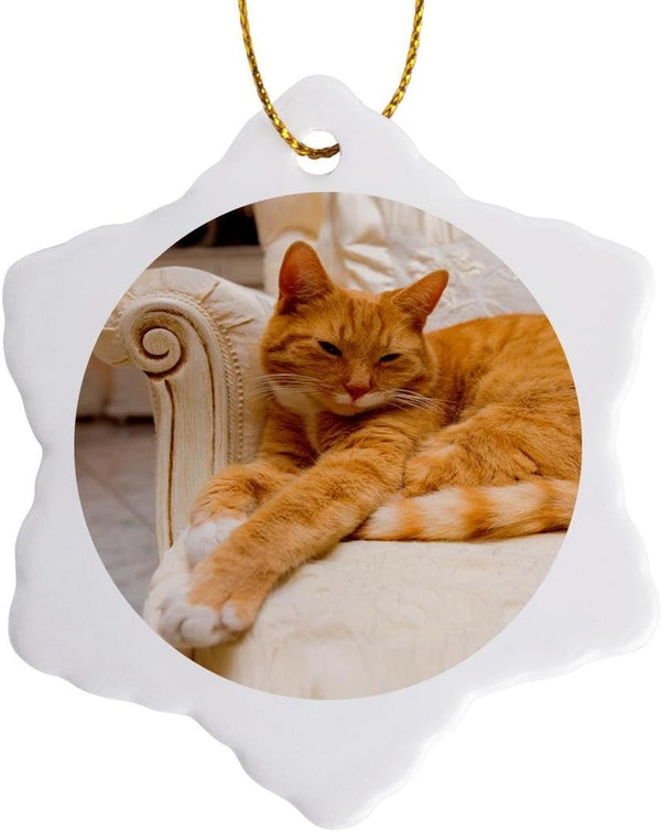 3D Rose Happy Orange Tabby Cat Relaxing on Fancy Armchair Snowflake Ornament, 3"