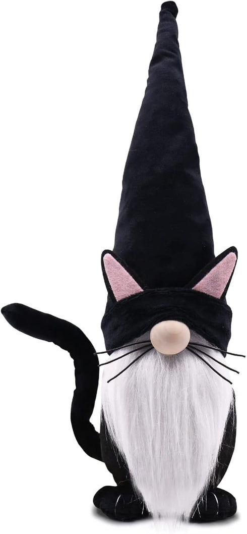 Upltowtme Black Cat Gnome Plush, 13.5" Handmade Scandinavian Tomte Figurine for Spring Farmhouse Decor, Gift for Cat
